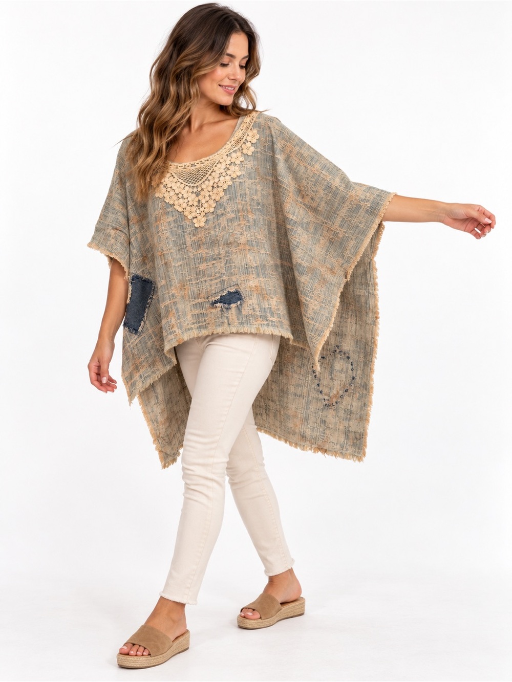 Jaded Gypsy Walk On By Poncho High Low Lace Patchwork Boho One Size - Picture 2 of 10